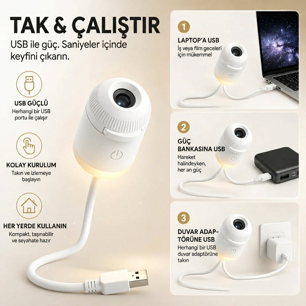 5D Yıldız ve Galaksi Projektörü USB'li