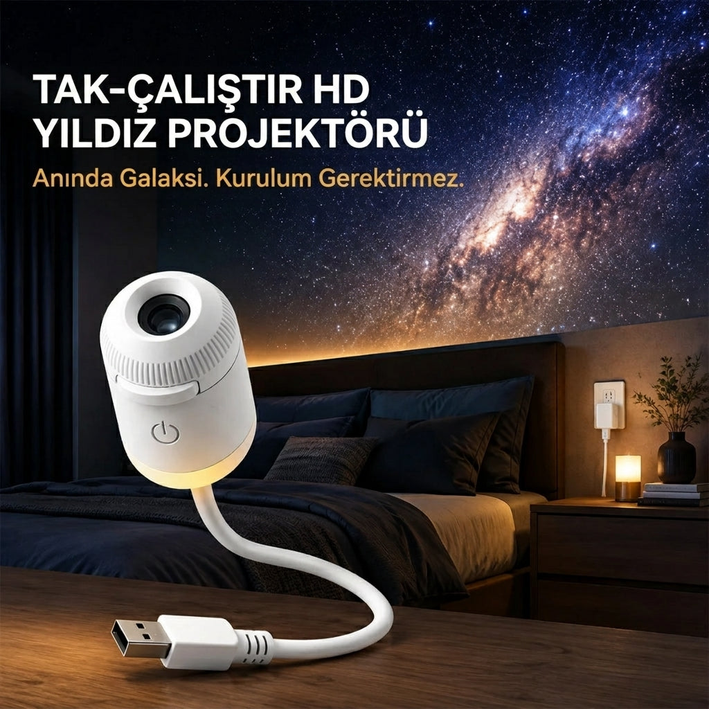 5D Yıldız ve Galaksi Projektörü USB'li